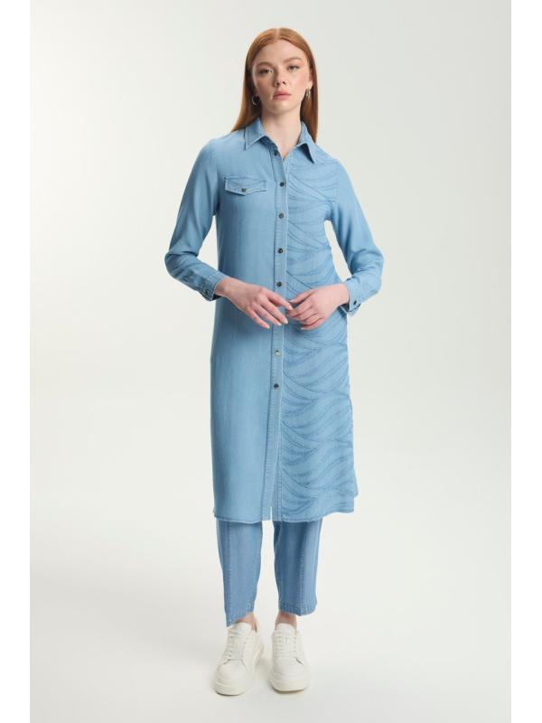 Tunique longue en denim à motifs T-1556