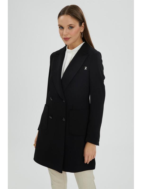 La poche à col double boutonnage Veste noire détaillée C-0024
