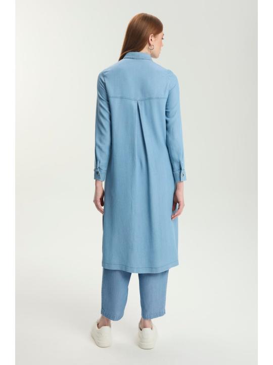 Tunique longue en denim à paillettes T-1572 avec bouton caché