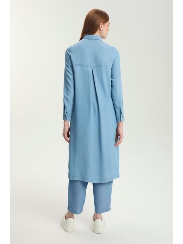 Tunique longue en denim à paillettes T-1572 avec bouton caché