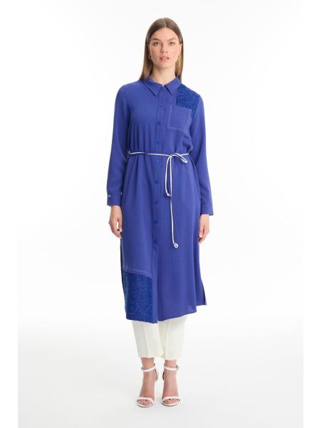 Tunique longue violette à col chemise avec dentelle T-1451