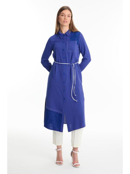 Tunique longue violette à col chemise avec dentelle T-1451