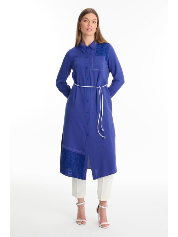 Tunique longue violette à col chemise avec dentelle T-1451