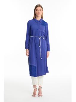 Tunique longue violette à col chemise avec dentelle T-1451