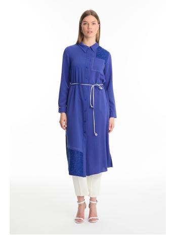 Tunique longue violette à col chemise avec dentelle T-1451