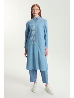 Tunique longue en denim à paillettes T-1572 avec bouton caché