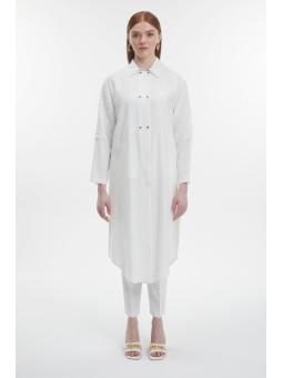 Tunique longue à col chemise avec détails de manches en dentelle T-1575