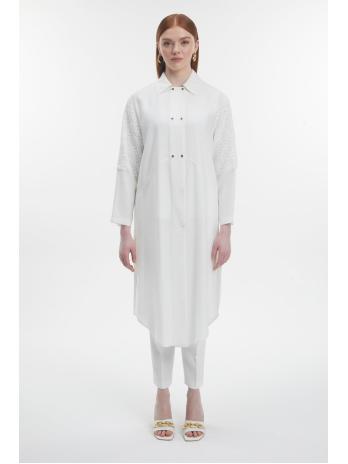 Tunique longue à col chemise avec détails de manches en dentelle T-1575