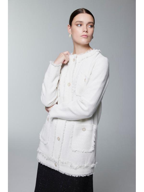 Veste écrue détaillée à poche texturée en tweed C-0151 Veste écrue détaillée à poche texturée en tweed C-0151
