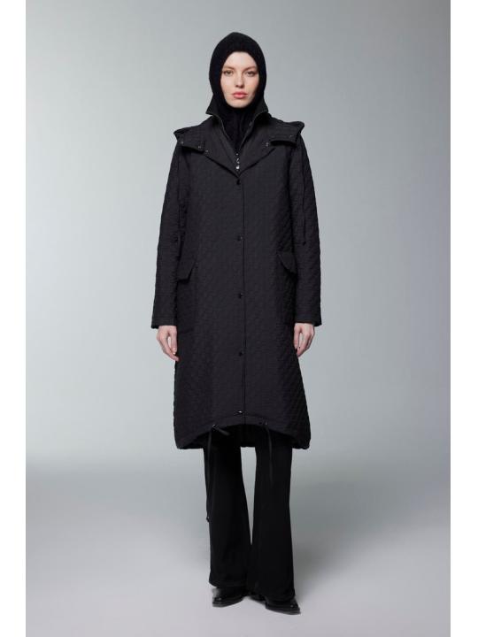 Manteau noir à capuche à motifs 13856 Manteau noir à capuche à motifs 13856