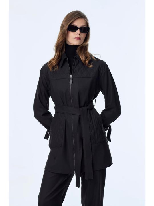 Enesmble avec Fermeture éclair et ceinture détaillée veste pantalon Double ensemble TK-1634