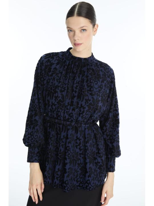 Chemisier à motifs à manches ballon B-0137 Chemisier à motifs à manches ballon B-0137