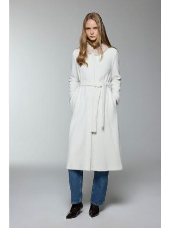 Cardigan HR-0033 à ceinture de fourrure détaillé en écru/or