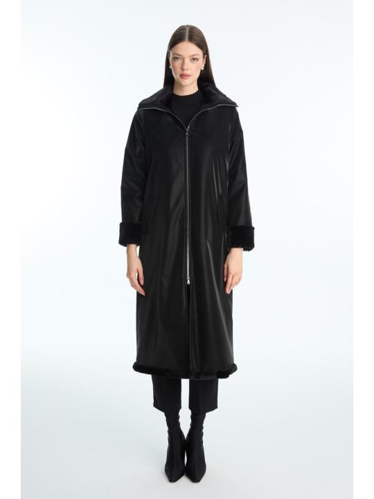 Manteau à fermeture éclair détaillée en fourrure noire 13899