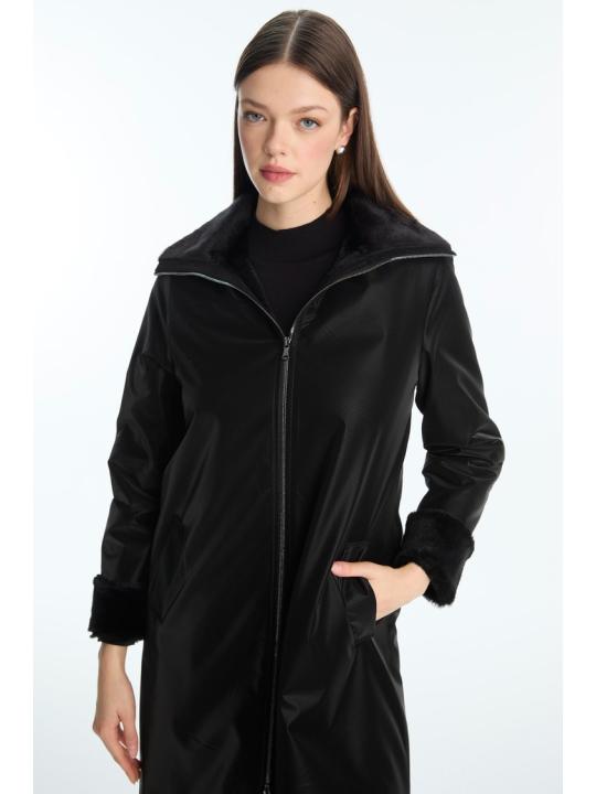 Manteau à fermeture éclair détaillée en fourrure noire 13899