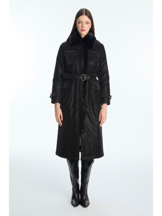 doudoune détaillée avec poche en fourrure et ceinture 13868