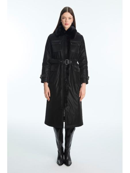 doudoune détaillée avec poche en fourrure et ceinture 13868