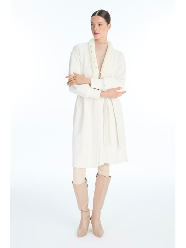 Cardigan Pierre de col châle détaillée en écru/or HR-0029