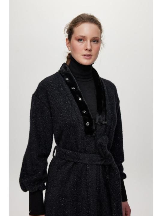 Cardigan Pierre de col châle détaillée en écru/or HR-0029