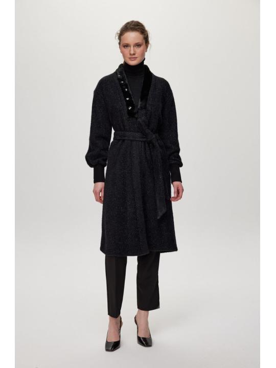 Cardigan Pierre de col châle détaillée en écru/or HR-0029