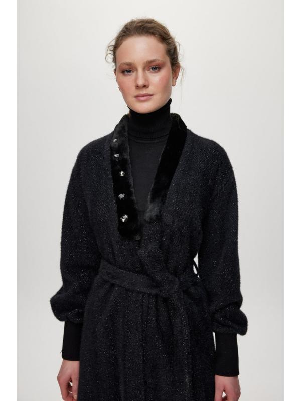 Cardigan Pierre de col châle détaillée en écru/or HR-0029