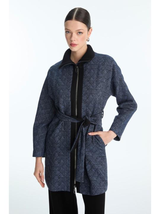 Veste à motifs ceinturée bleu marine C-0178