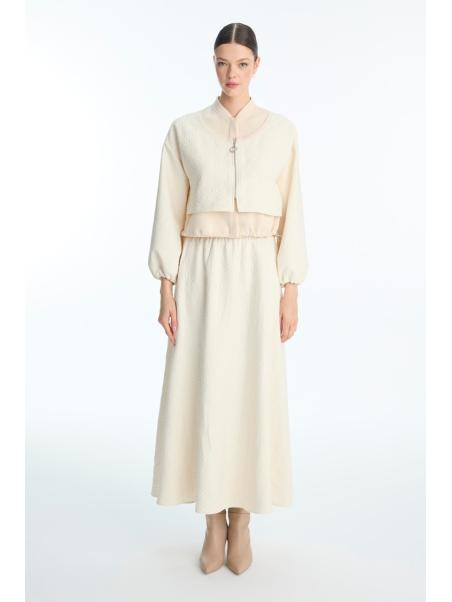 Eensemble deux piéces Jupe à taille élastique à motifs Jacquard Double combinaison crème TK-1688