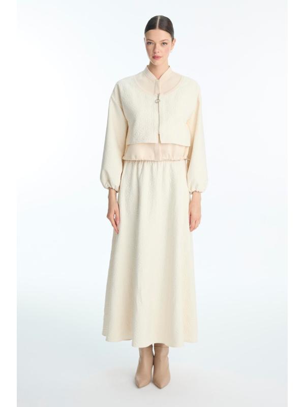 Eensemble deux piéces Jupe à taille élastique à motifs Jacquard Double combinaison crème TK-1688