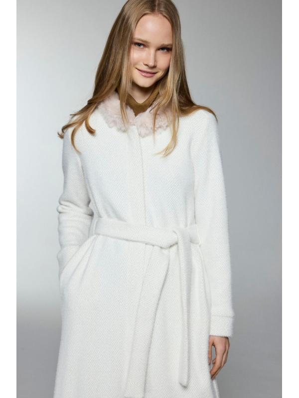 Cardigan HR-0033 à ceinture de fourrure détaillé en écru/or