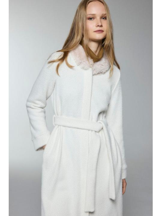 Cardigan HR-0033 à ceinture de fourrure détaillé en écru/or