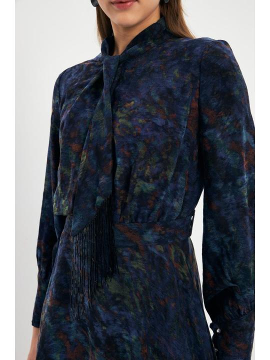 Robe longue bleu marine détaillée à col à motifs E-0444 