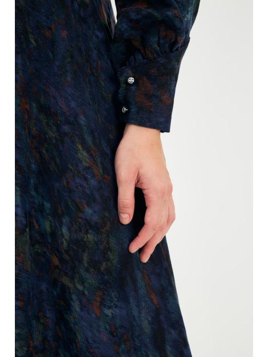 Robe longue bleu marine détaillée à col à motifs E-0444 