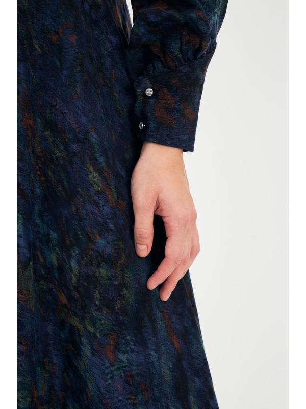 Robe longue bleu marine détaillée à col à motifs E-0444 