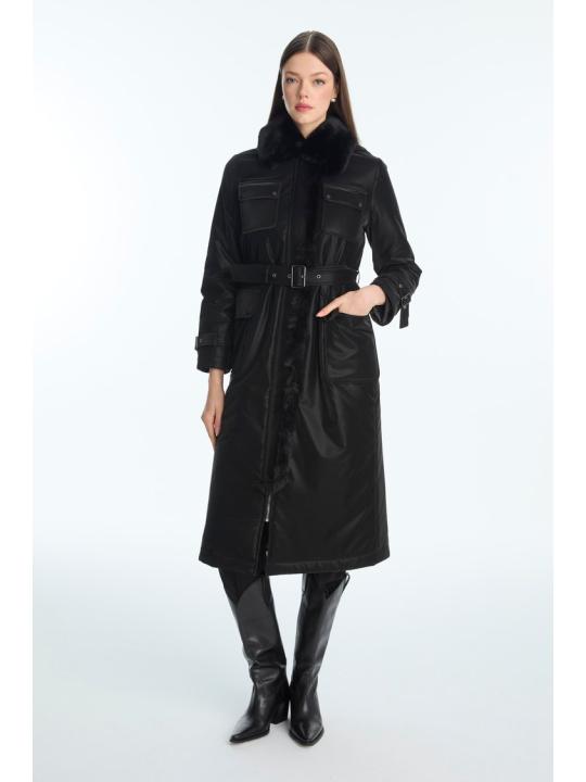 doudoune détaillée avec poche en fourrure et ceinture 13868