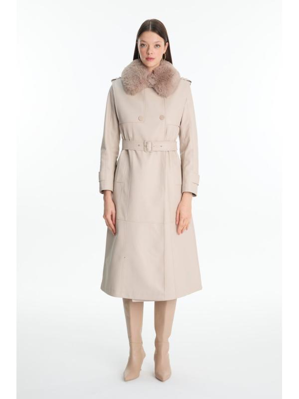 Trench-coat en cuir à col de fourrure 13822