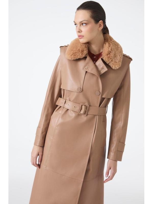 Trench-coat en cuir à col de fourrure 13822