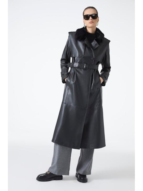 Trench-coat en cuir à col de fourrure 13822