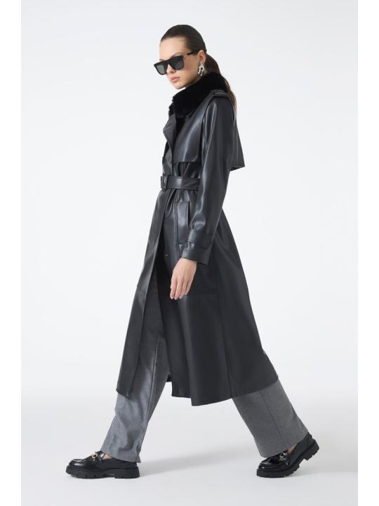 Trench-coat en cuir à col de fourrure 13822