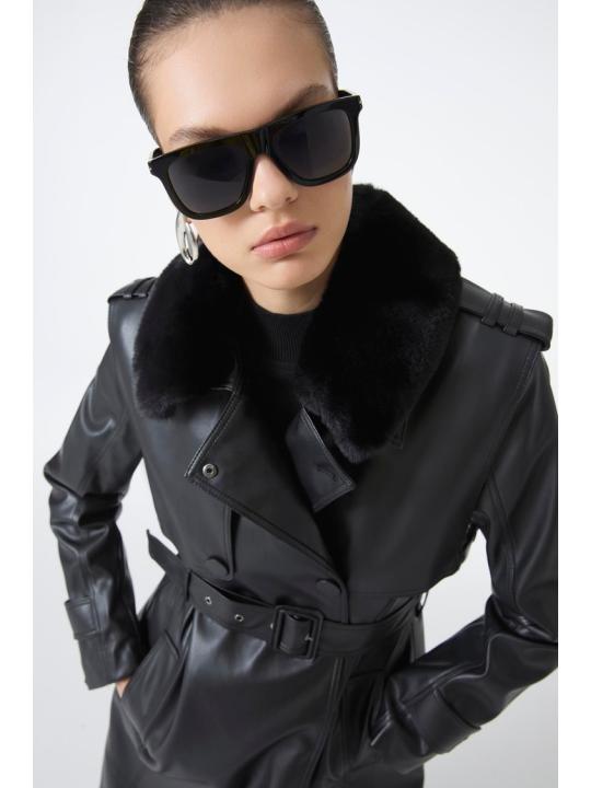 Trench-coat en cuir à col de fourrure 13822
