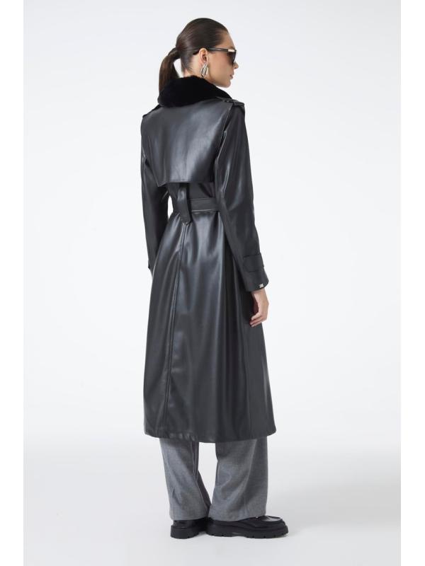 Trench-coat en cuir à col de fourrure 13822