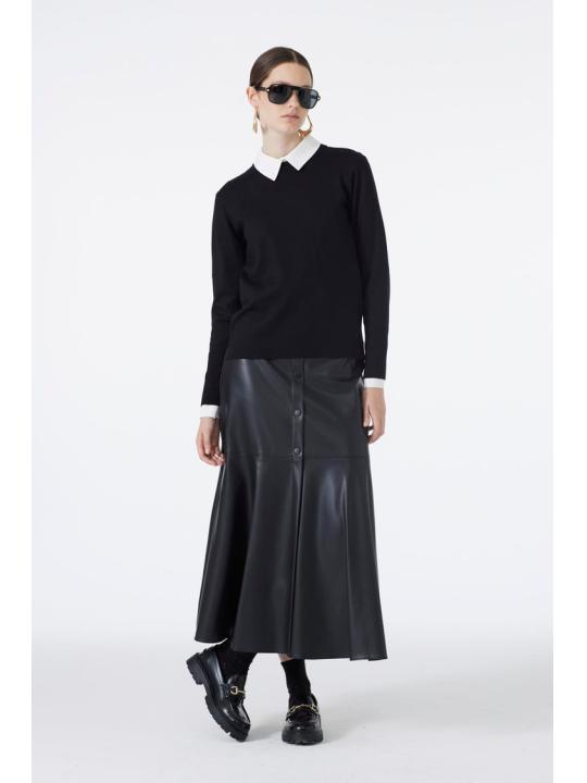 Jupe en cuir noir aspect bouton ETK-0194