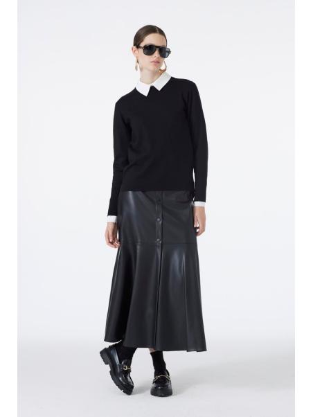Jupe en cuir noir aspect bouton ETK-0194