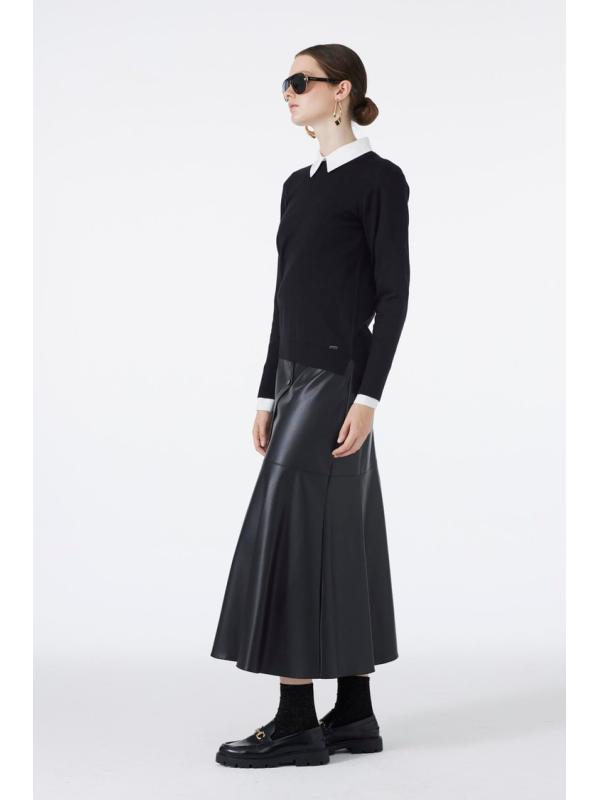 Jupe en cuir noir aspect bouton ETK-0194