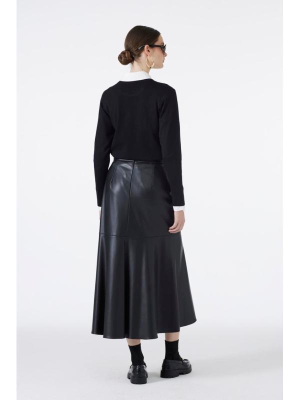 Jupe en cuir noir aspect bouton ETK-0194