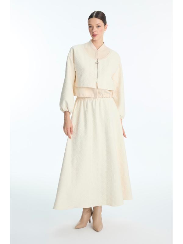 Eensemble deux piéces Jupe à taille élastique à motifs Jacquard Double combinaison crème TK-1688