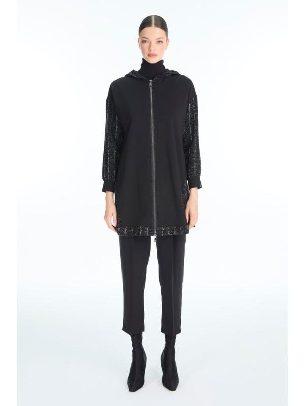 Veste à capuche noire pailletée C-0163