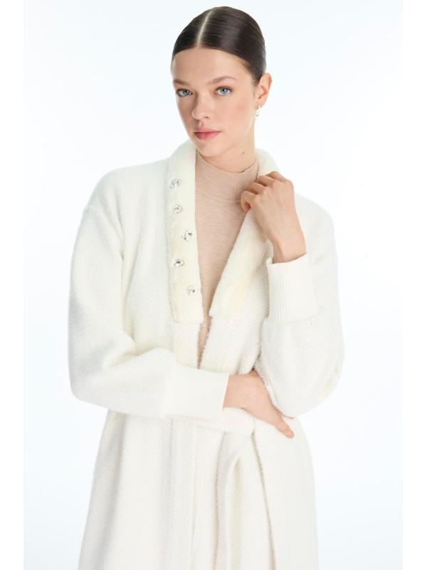 Cardigan Pierre de col châle détaillée en écru/or HR-0029