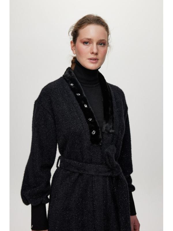 Cardigan Pierre de col châle détaillée en écru/or HR-0029