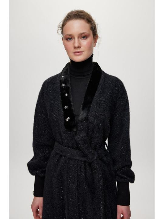 Cardigan Pierre de col châle détaillée en écru/or HR-0029