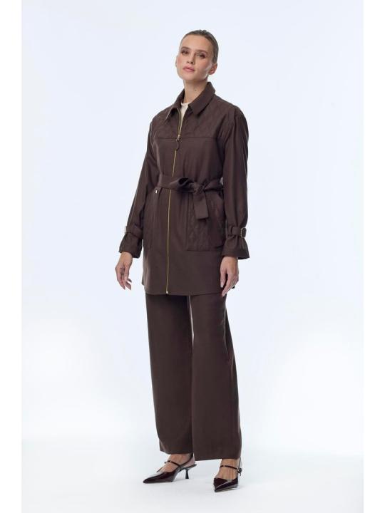 Enesmble avec Fermeture éclair et ceinture détaillée veste pantalon Double ensemble TK-1634